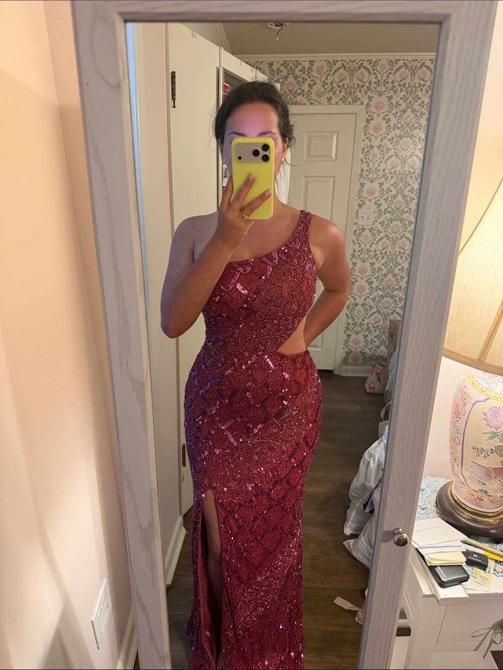 Primavera Couture One-Shoulder Sequin Gown in Raspberry